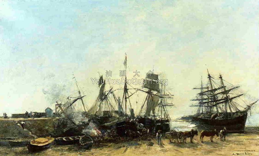 Portrieux, the Port at Low Tide, Unloading Fish - 尤金·布丹